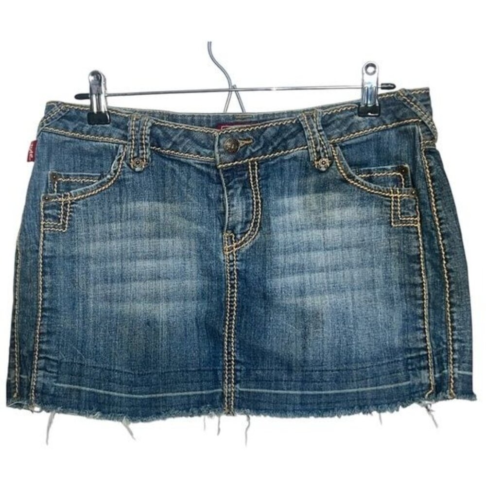 Tyte Denim Skirt Womens 11 Blue Mid Rise Distressed Raw Hem Embellished Pockets